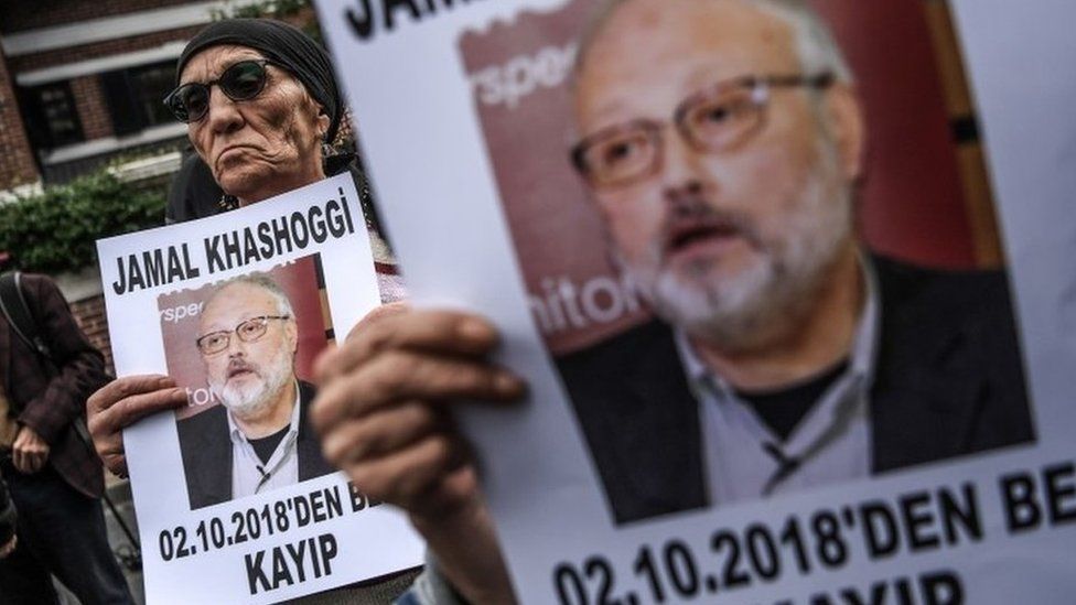 Protesters holding portraits of missing journalist and Riyadh critic Jamal Khashoggi with the caption: "Jamal Khashoggi is missing since October 2" during a demonstration in front of the Saudi Arabian consulate in Istanbul on 9 October