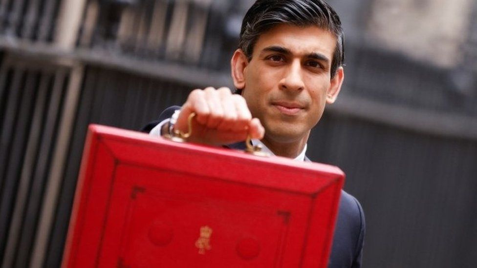 Rishi Sunak outside 11 Downing Street with red budget box