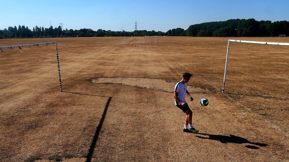 A general view of dry grass on the football pitches at Hackney Marshes