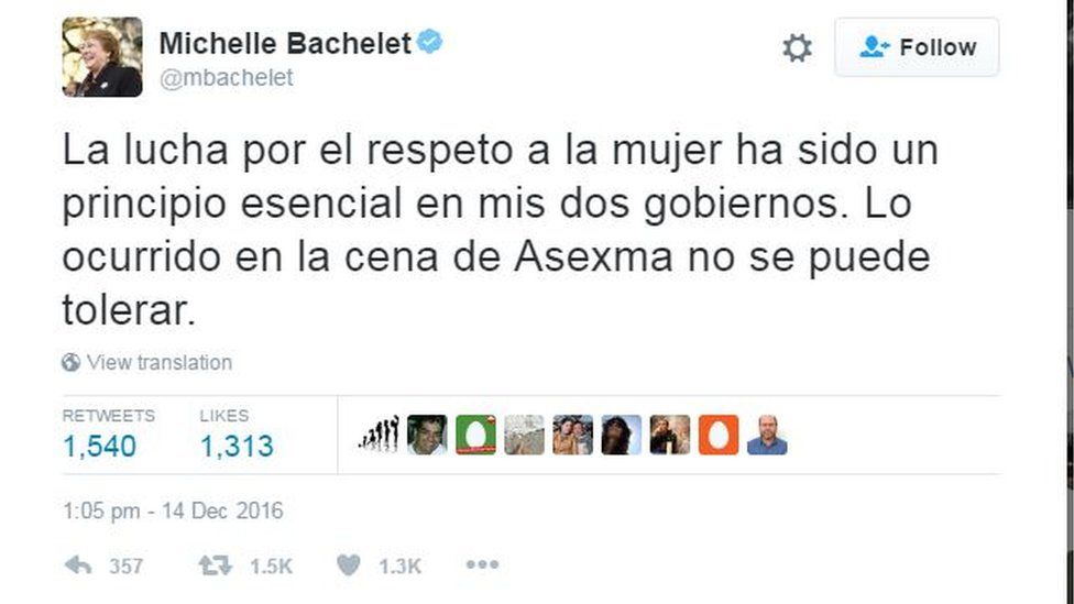 Tweet by Michelle Bachelet reading: "The fight for respect for women has been a key principle of my two terms in office. What happened at the Asexma dinner can't be tolerated."
