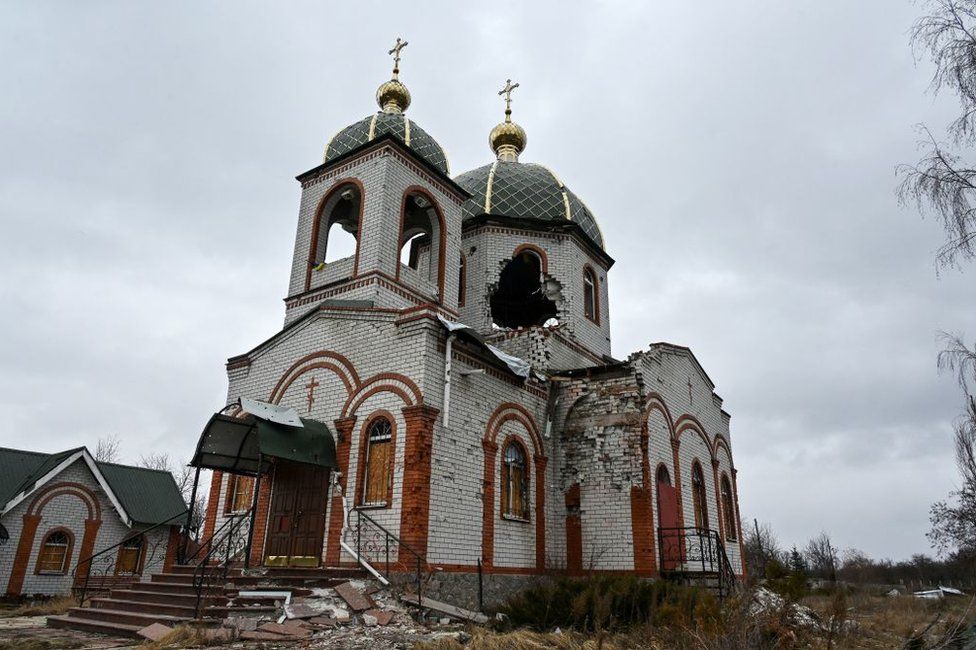 The outside of the damaged church of Saint Alexander Nevsky in Tsupivka village, Kharkiv
