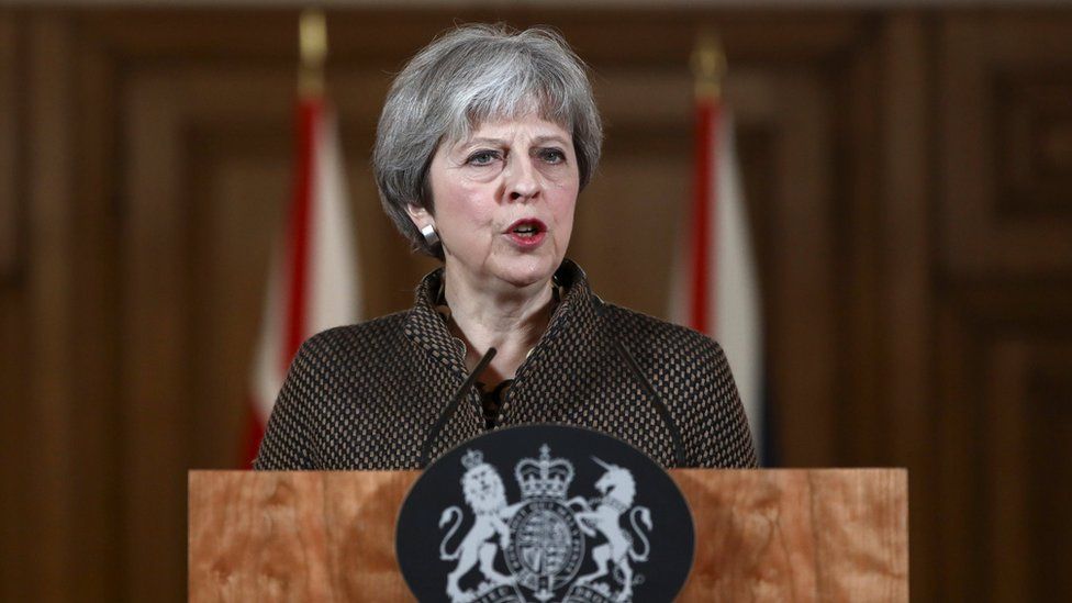 Theresa May at a Downing Street press conference on the air strikes against Syria