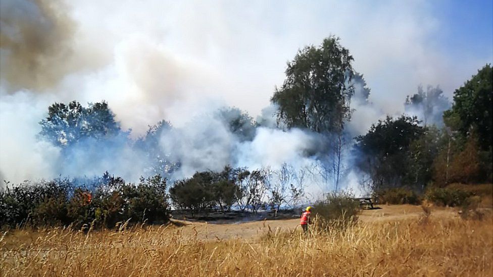 Fire and smoke on Mousehold Heath in Norwich