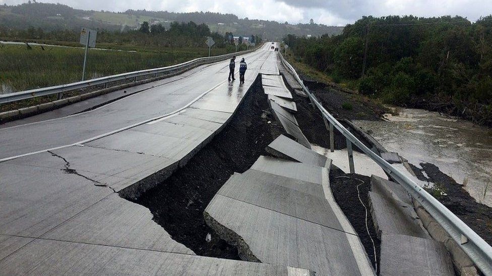Quake-damaged road at Tarahuin, on Chiloe island, southern Chile, December 25, 2016