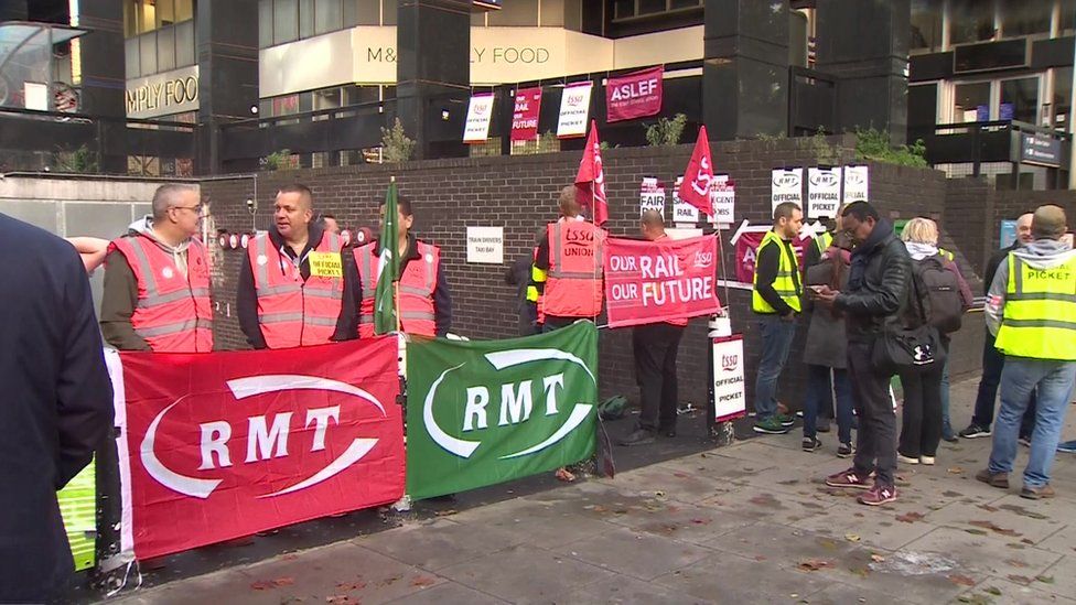 RMT members on strike at Euston railway station