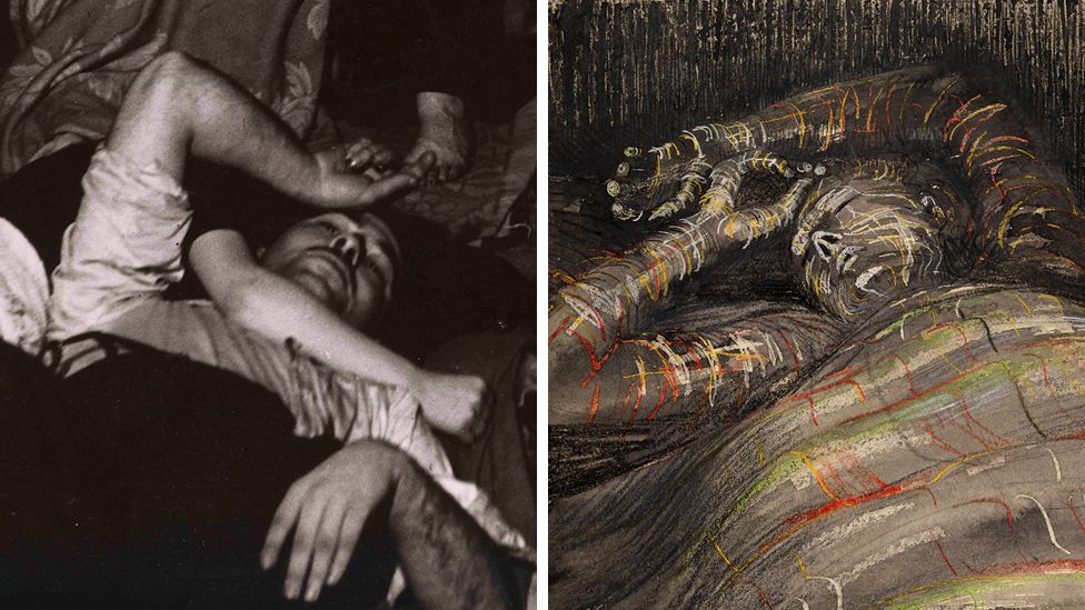 A photograph and a drawing of people sleeping in underground Blitz shelters