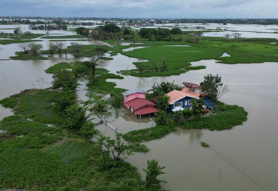 An aerial view of the floods caused by monsoon rains enhanced by a recent typhoon in Calumpit, Bulacan Province, Philippines, August 1, 2023.