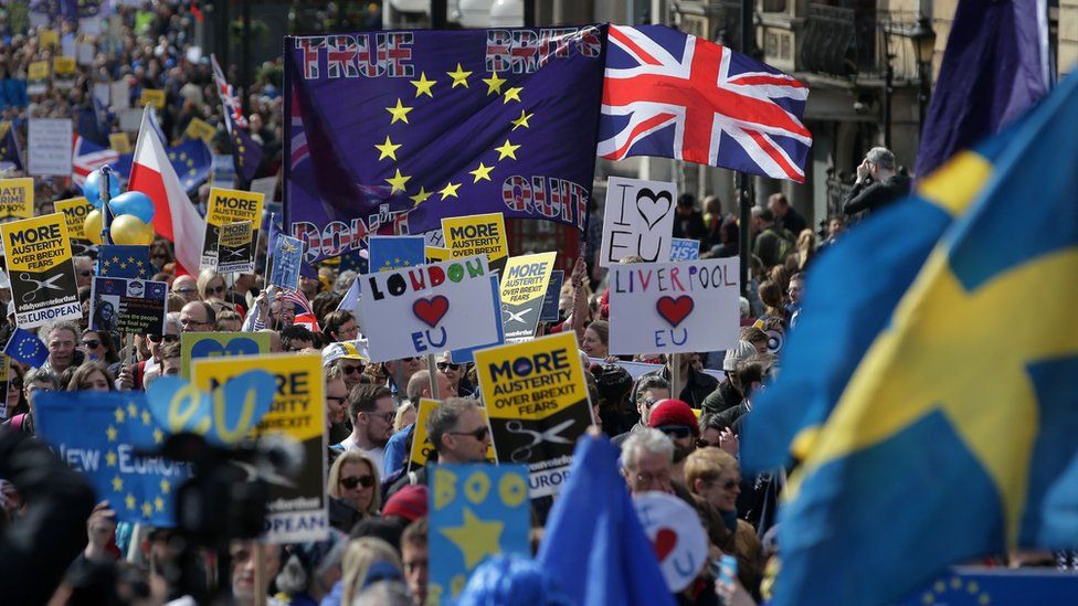Demonstrators hold placards and wave EU flags as they participate in an anti Brexit, pro-European Union (EU) march in London on March 25, 2017, ahead of the British government's planned triggering of Article 50 next week