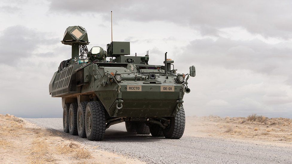 A laser weapon fitted to a US military vehicle