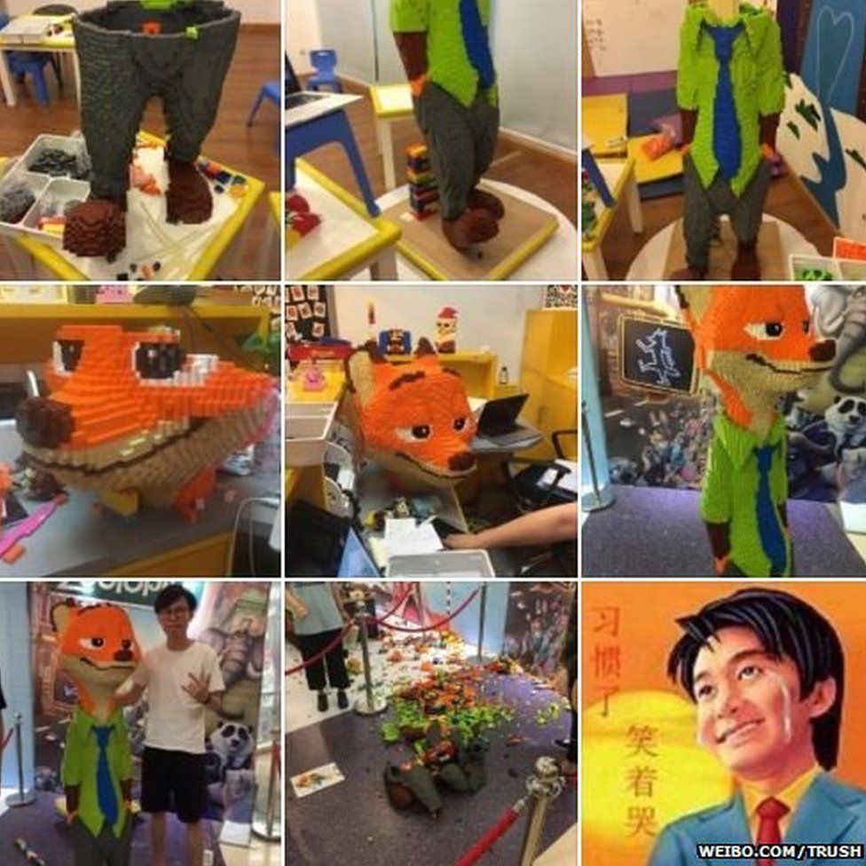 Series of photos from Mr Zhao's Weibo account showing the building of Nick the fox from Zootopia until it got smashed. The last photo is on an animated man smiling while shedding tears.