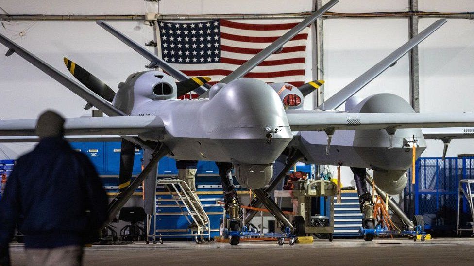 An MQ-9 Reaper drone with Customs and Border Protection (CBP) awaits the next mission over the US-Mexico border on 4 November 2022 at Fort Huachuca, Arizona