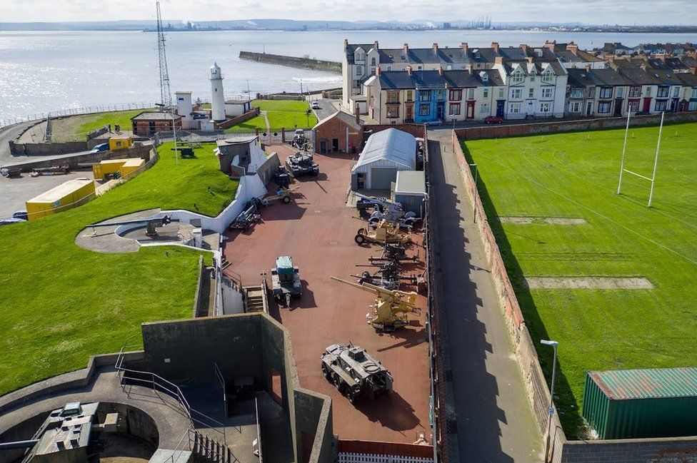 Aerial view of the battery showing museum displays of large guns