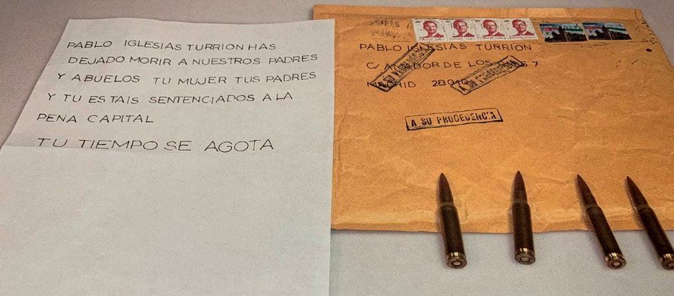 A death threat letter and bullets received by Spanish left-wing Unidas Podemos party leader Pablo Iglesias are seen in this photograph released by Unidas Podemos in Madrid, Spain April 23, 2021