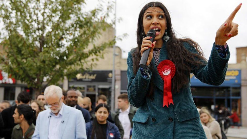 Labour party PPC for Chingford and Woodgreen, Faiza Shaheen (R) speaks