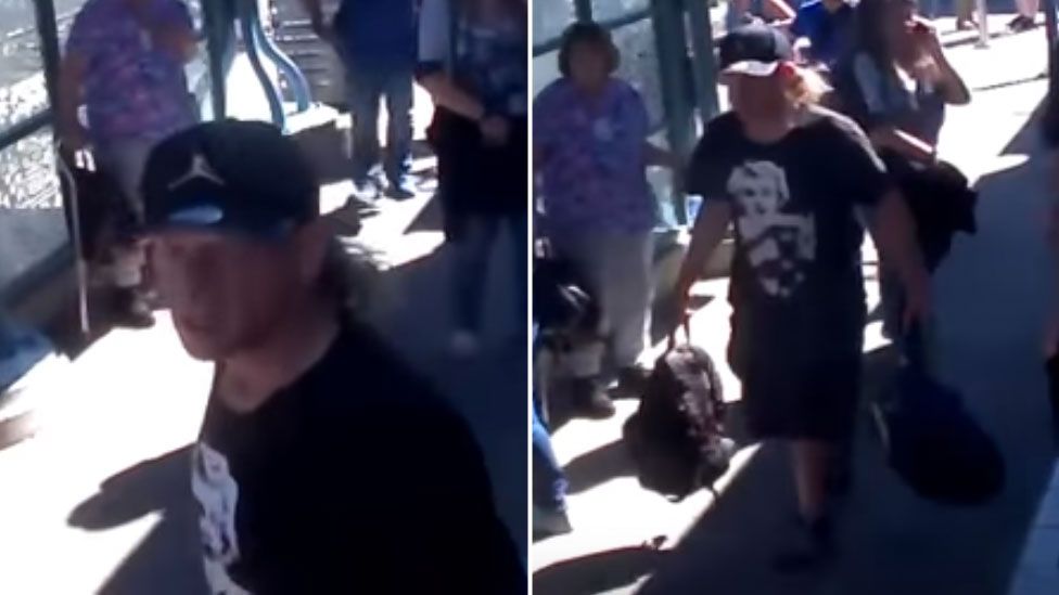 Composite image showing a blurred, low-resolution close up and full body shot of a man in black t-shirt and cap, carrying two backpacks off the train where the attack took place