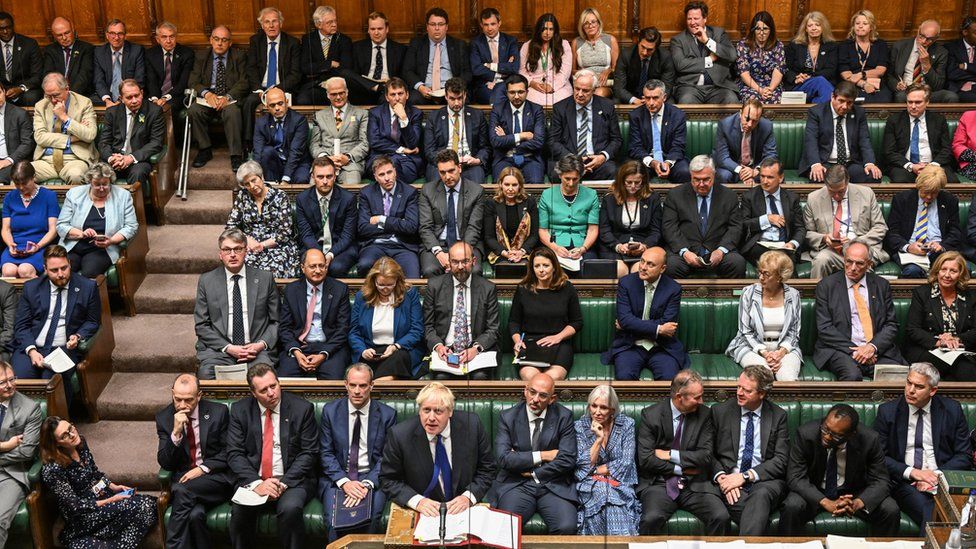 An aerial view of Conservative MPs on the government benches of the House of Commons