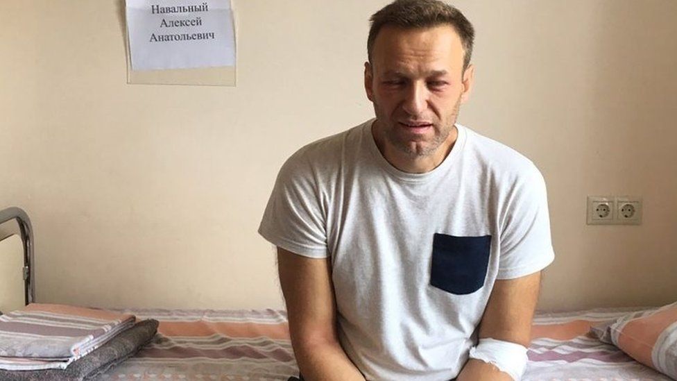 Opposition leader Alexei Navalny sitting on a hospital bed in Moscow. Photo: 29 July 2019
