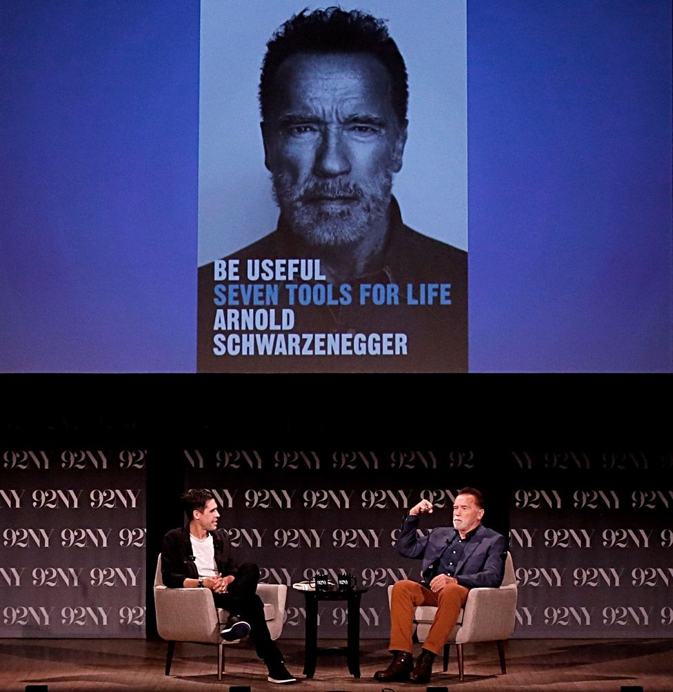 Ryan Holiday (L) and Arnold Schwarzenegger attends a conversation with Ryan Holiday at 92nd Street Y on October 10, 2023 in New York City
