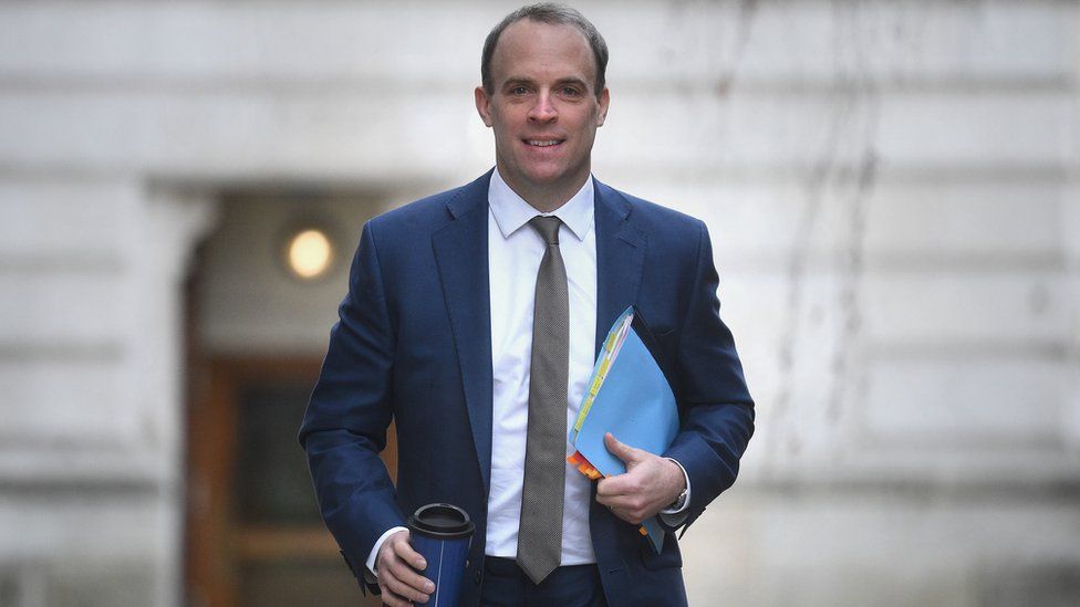 Foreign Secretary Dominic Raab arrives in Downing Street London, as Prime Minister Boris Johnson assembled key ministers to discuss the spiralling crisis in the Middle East following the US's assassination of Iran's top military leader.