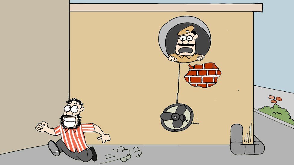 A cartoon shows a man escaping from a police station through the shaft of the toilet