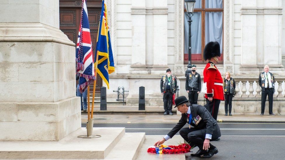 National President of the Royal British Legion Lieutenant General (Retired) James Bashall lays a wreath at the Cenotaph