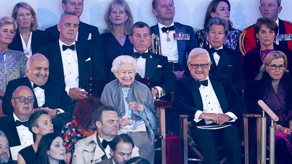 Britain's Queen Elizabeth and Sophie, Countess of Wessex, watch the Royal Windsor Horse Show Platinum Jubilee Celebration at Windsor Castle, in Windsor