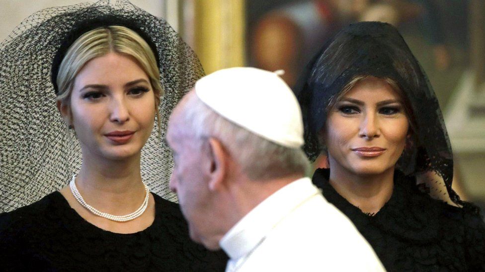 Pope Francis walks past Ivanka Trump and US First Lady Melania Trump during his meeting with US President Donald J. Trump in Vatican City, 24 May 2017