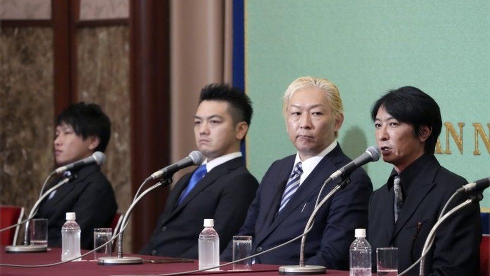 Johnny"s Sexual Assault Victims Association representative Junya Hiramoto (R) speaks during a press conference at the Japan National Press Club in Tokyo, Japan, 07 September 2023.