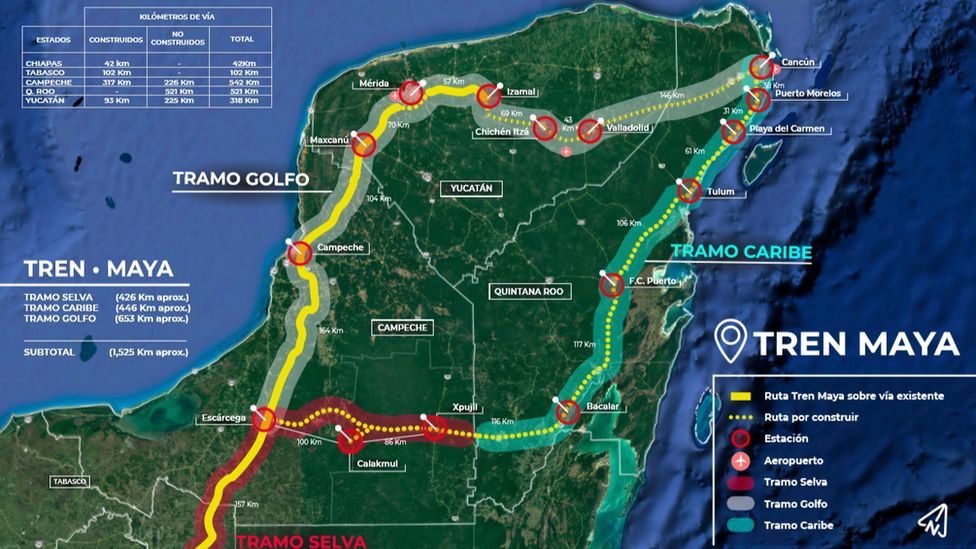 Map of planned Maya train route. Mexico