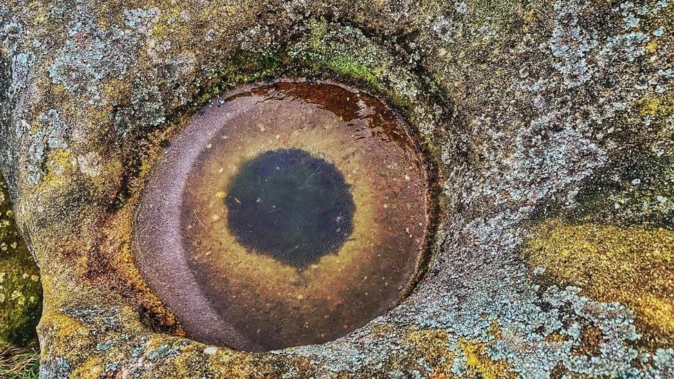 Frost pattern in the hollow of a rock on Stanton Moor Edge