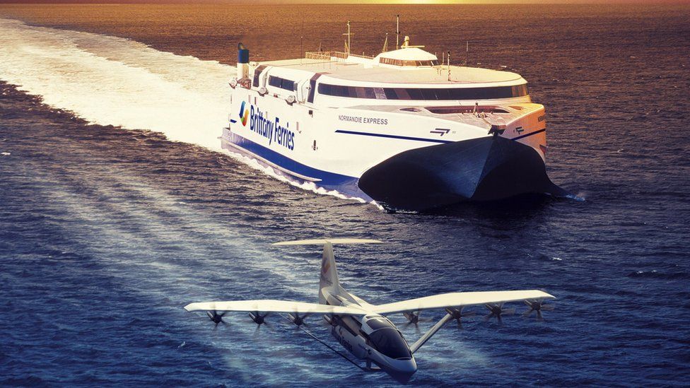 Artist impression of a sea glider alongside a ferry