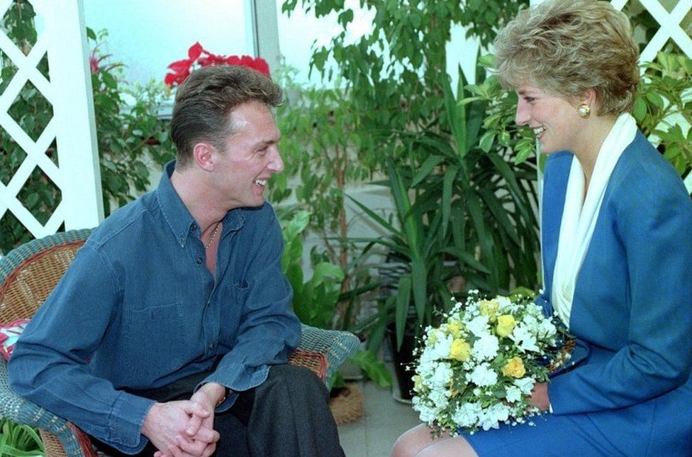 Princess of Wales meeting patient Michael Kelly at Mildmay Hospital in east London, 20 November, 1991