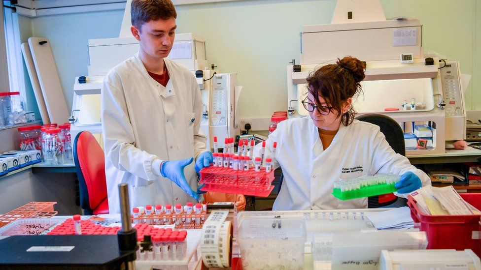 Lab technicians handle suspected COVID-19 samples as they carry out a diagnostic test for coronavirus in the microbiology laboratory inside the Specialist Virology Centre at the University Hospital of Wales in Cardiff.