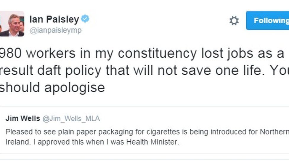 Mr Paisley posted this tweet in response to an earlier one posted by Mr Wells