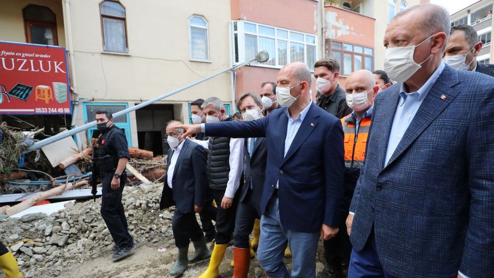 President Erdogan inspects the flood-hit areas in Bozkurt district of Kastamonu, Turkey on August 13, 2021