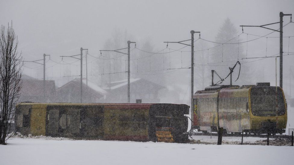 Derailed train near Lenk, in Switzerland, on 3 January 2018