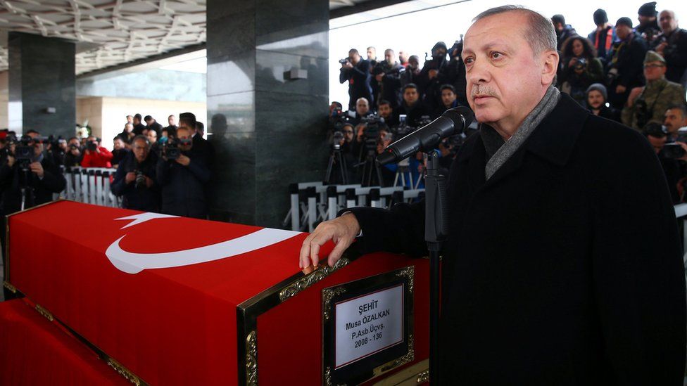 Turkish President Recep Tayyip Erdogan attends the funeral of Musa Ozalka, a soldier killed in the Afrin operation (23 January 2018)