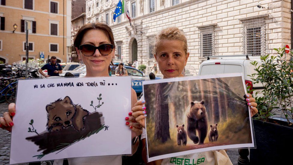 Активисты по защите прав животных проводят демонстрацию перед Государственным советом, призванным решить судьбу медведей JJ4 и MJ5, 13 июля 2023 г. в Риме, Италия