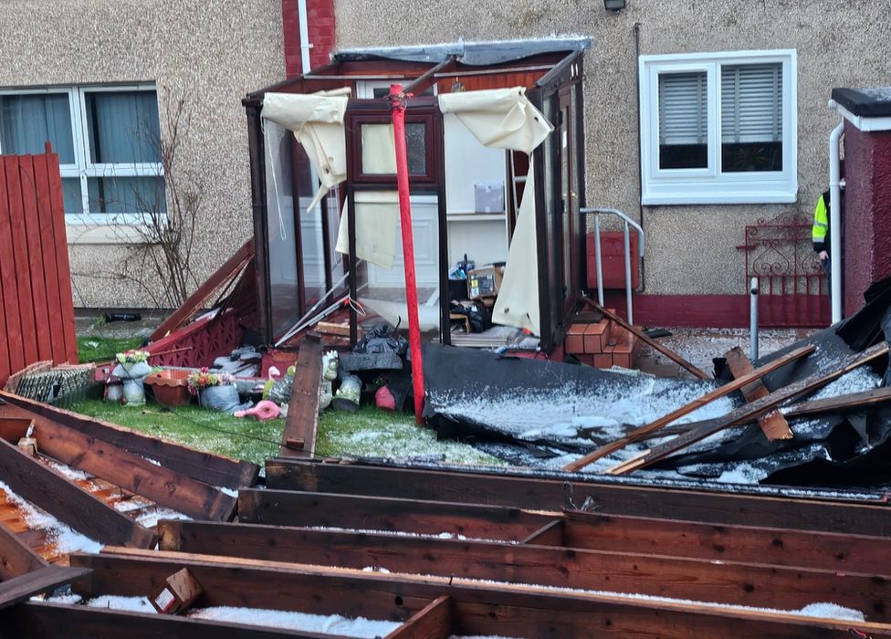 Badly damaged conservatory in Glasgow's Baillieston area