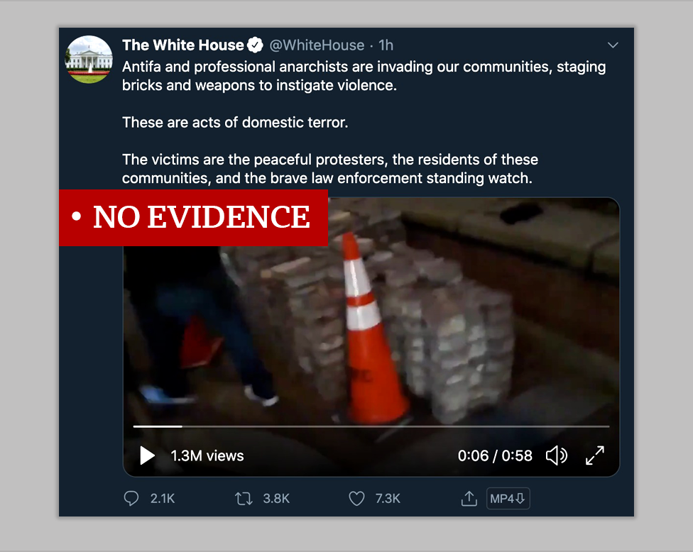 Screenshot of the White House Twitter account promoting a video that claims Antifa is staging bricks to instigate violence at the protests. We labelled the video "no evidence"