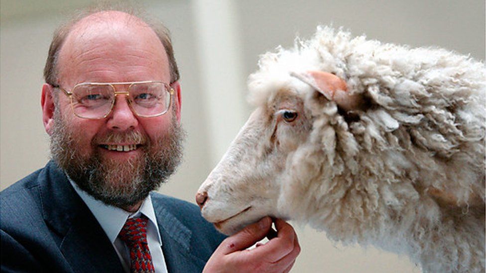 Prof Sir Ian Wilmut with his creation, Dolly the cloned sheep successful  1996