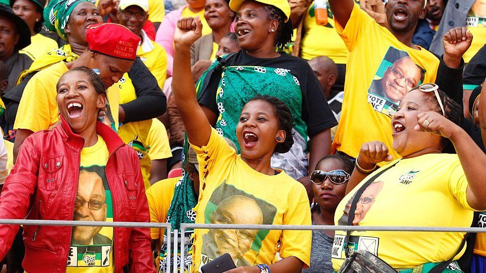 South African ruling party African National Congress (ANC)'s supporters cheer during the Party official launch of the Municipal Elections manifesto on April 16, 2016 in Port Elizabeth, South Africa.