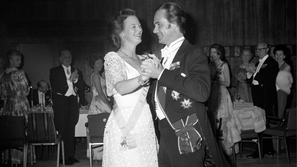 Queen Margrethe of Denmark opening the dancing with her husband, Prince Henrik of Denmark, at the Anglo-Danish Society"s Jubilee dinner on 7 May 1974