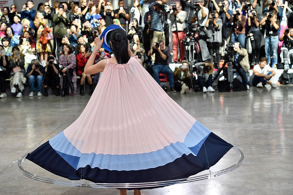 A model walks the runway during the Issey Miyake Ready-to-Wear Spring-Summer 2020 fashion show as part of Paris Fashion Week in 2019
