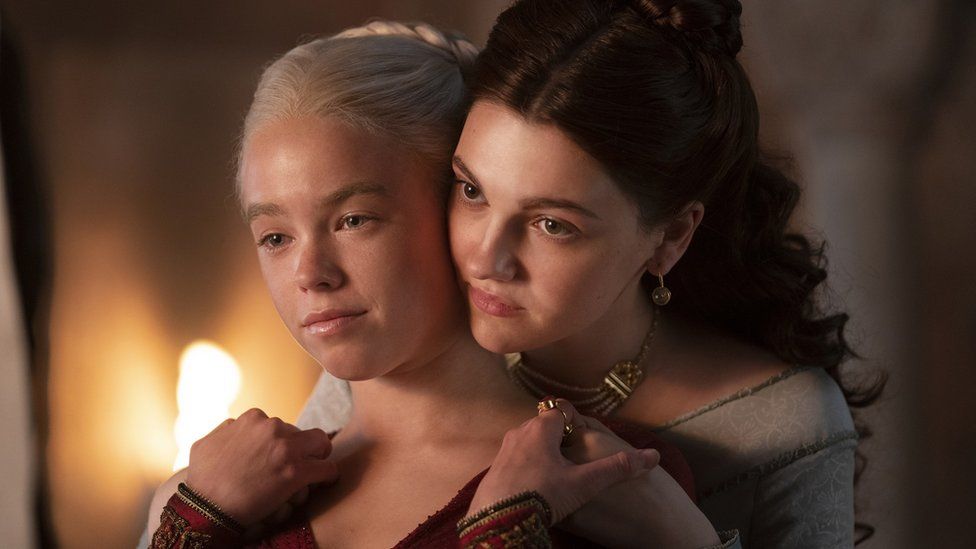 Milly Alcock as young Rhaenyra Targaryen and Emily Carey as young Alicent Hightower in House of Dragon