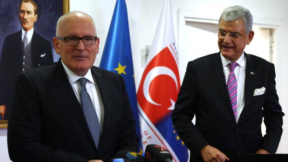 European Commission Vice-President Frans Timmermans (L) and Turkey's Minister for European Affairs Vokan Bozkir