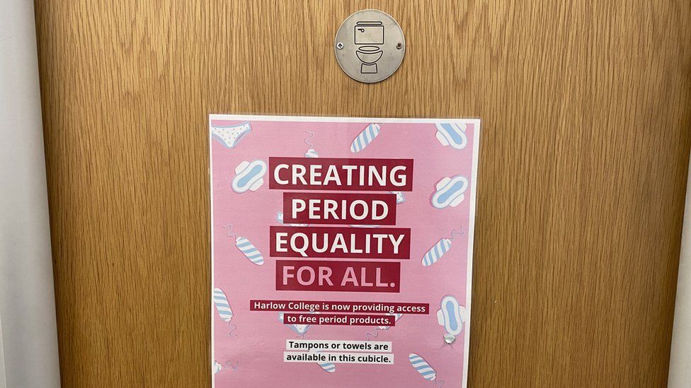 Poster on a toilet cubicle at Harlow College. It reads: 'creating period equality for all. Harlow College is now providing access to free period products. Tampons or towels are available in this cubicle.'