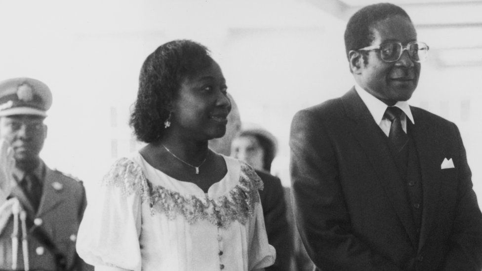 Robert Mugabe, the Prime Minister of Zimbabwe, visits the Queen at Buckingham Palace with his wife Sally, 20th May 1982.