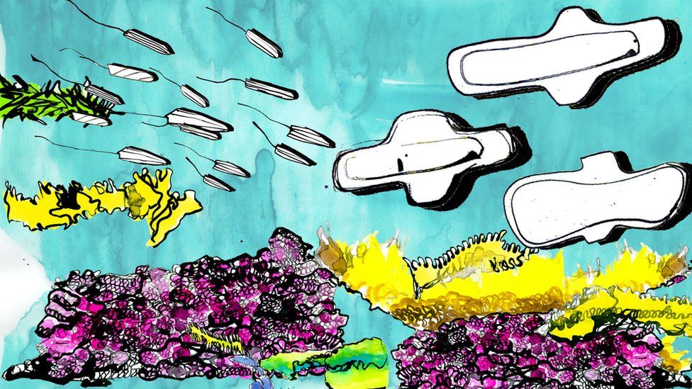 Illustration of underwater scene with tampons and pads