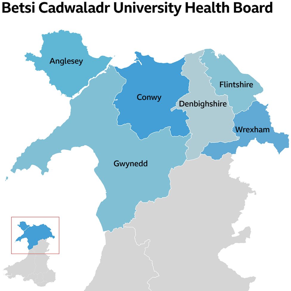 A map showing the area Betsi Cadwaladr health board covers
